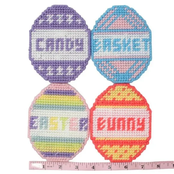 Handmade Easter Colorful Eggs Stitched Yarn Needlepoint Plastic Canvas Coasters - Picture 3 of 3